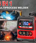 Three In One MIG TIG Stick Welder Portable 110V Inverter with Auto Darkening Goggles next to welding examples