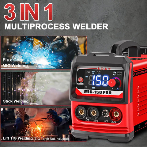 Three In One MIG TIG Stick Welder Portable 110V Inverter with Auto Darkening Goggles next to welding examples
