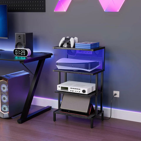 Four Tier Gaming Console Stand With Outlet And USB Ports, RGB Light Strips for premium gaming setup, media devices organized