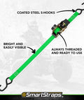 Retractable Ratchet Tie Down Straps 4 Pack 1,500 LB Break Strength 500 LB Safe Work Load Standard Duty, green strap with S-hooks