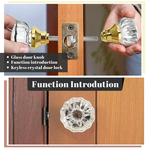 Two Pack Glass Door Knobs Set With Spindle, Mortise Style Fluted Crystal Antique Door Hardware For Interior Doors, Gold Finish, Retro Vibe Look, Easy Install Replacement For Home Decor