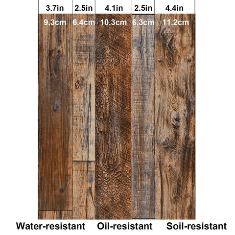 Brown Wood Peel And Stick Wallpaper Vinyl Shiplap Self Adhesive Covering showing water, oil, soil resistance and dimensions