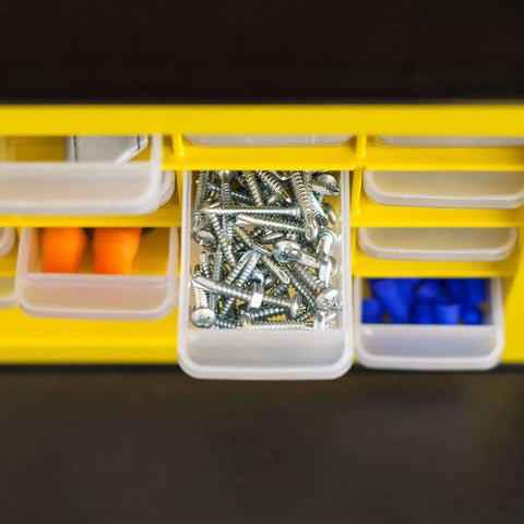 Straightforward 16 Drawer Toolbox Organizer For Garage Desk Storage with screws in clear drawers, sunny yellow design.