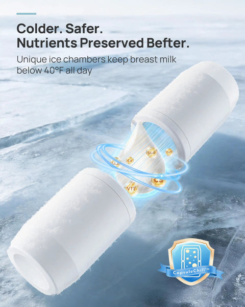 Portable Breastmilk Cooler Bag Featuring 360 Degree Ice Chambers That Keep Your Stash Chill Below Forty Degrees Fahrenheit Comes With Premium Stainless Steel Feeding Bottles A Total Game Changer For Busy Nursing Moms On The Move, showing unique ice chambers.