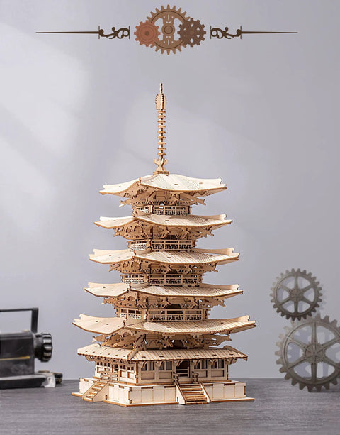 3D Wooden Puzzle Craft Kit for Adults and Kids, Five-Storied Pagoda Model Build, DIY Woodcraft Project on display