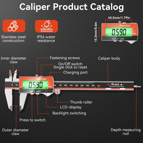 Rechargeable 6 Inch Digital Caliper With Large LCD Screen Stainless Steel Vernier Caliper For Fraction Inch Metric Conversions