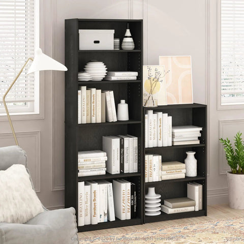 Go-To Five-Tier Bookshelf With Adjustable Shelves In Blackwood Finish styled in living room next to lamp and sofa