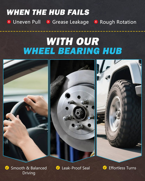 Front Wheel Bearing Replacement Kit For Toyota Prius Corolla Matrix MR2 Spyder Vibe And Celica Front Hub Bearing Set Fits 2000s To 2010s Models Direct Fit OE Quality Easy Install Get You Back On The Road shown with driving benefits