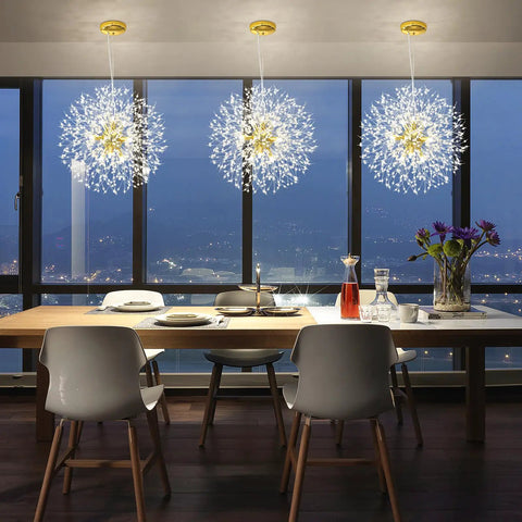 Lit Modern Gold Crystal Chandeliers With Firework Dandelion Sputnik Design illuminating a dining room setting