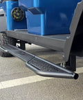 Detailed view of Buttery Smooth 4 Seat Electric Golf Cart With 48V Torque Monster Motor, showing black step and storage bin in clean blue.
