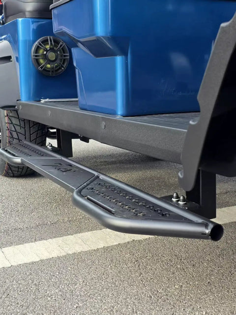 Detailed view of Buttery Smooth 4 Seat Electric Golf Cart With 48V Torque Monster Motor, showing black step and storage bin in clean blue.
