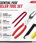 Four Piece Relay And Fuse Puller Set For Tight Spaces with two red-handled large relay pullers and two precision mini fuse pullers.