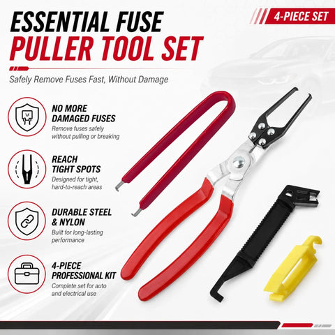 Four Piece Relay And Fuse Puller Set For Tight Spaces with two red-handled large relay pullers and two precision mini fuse pullers.