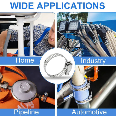Wide applications of 120 Piece Hose Clamp Set In 304 Stainless Steel Worm Gear Clamps Seven Sizes From One Quarter Inch To One And A Half Inch Great For Plumbing Automotive Fuel Lines Garden Hoses And Radiator Piping in home, industry, pipeline, and automotive.