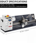 Compact 9x30 Inch Metal Lathe With 1100W Motor And 0 To 3000 RPM Variable Speed, Benchtop Precision Lathe dimensions shown