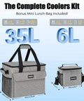 Rolling Cooler With Mini Lunch Bag 50 Can Capacity Collapsible Hard Liner With Wheels 35L and 6L sizes shown in grey