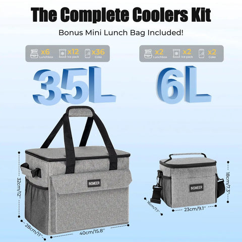 Rolling Cooler With Mini Lunch Bag 50 Can Capacity Collapsible Hard Liner With Wheels 35L and 6L sizes shown in grey