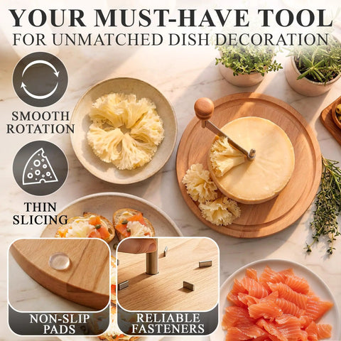Rose Shaped Cheese Cutter Shaver For Semi Hard Cheeses, Manual Rotating Wheel Tool With Stainless Steel Blade And Non Slip Wood Base