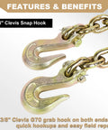 Two Pack Heavy Duty Transport Chain With Three Eighths Inch Clevis Hooks Grade Seventy NACM Standard 70 G70 Chain Ten Feet Long For Cargo Securement And Tie Down showing G70 clevis snap hooks.