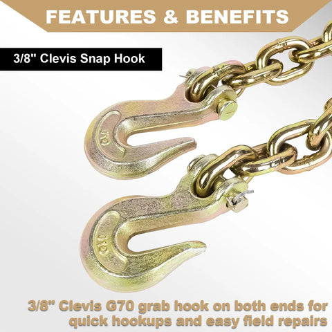 3/8 Inch G80 Transport Binder Chain with Clevis Snap Hooks, Heavy Duty, Zinc Coated for Load Securement, 2 Pack.