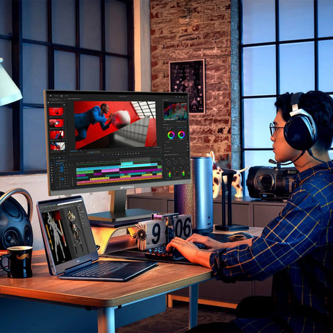 Person using 24 Inch 100Hz FHD Computer Monitor With FreeSync HDR HDMI 1.4 And Ergonomic Tilt For Home Office And Gaming Crisp Image