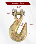 Clevis grab hook, yellow zinc finish, 3/8 in, front view with pin; single Grade 70 chain hook