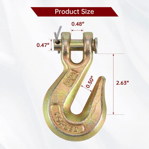 Clevis grab hook, yellow zinc finish, 3/8 in, front view with pin; single Grade 70 chain hook