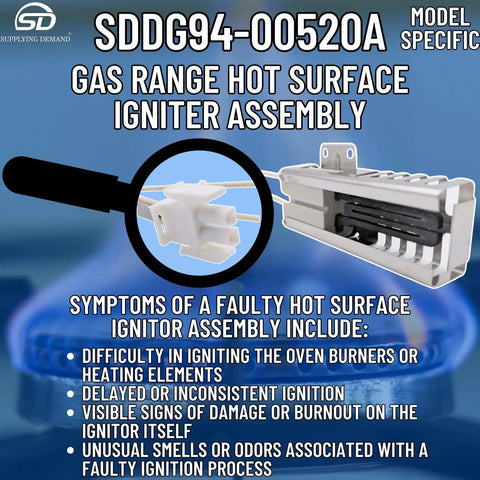 Gas Range Hot Surface Igniter Assembly Replacement For Specific Models Only - 3.4-3.6 Amp - 8 Inch Leads With Female Pins