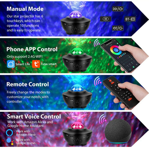 Smart controls for Galaxy Projector Night Light For Bedroom With Bluetooth Speaker, 3 In 1 Ocean Wave And Starry Sky Projector