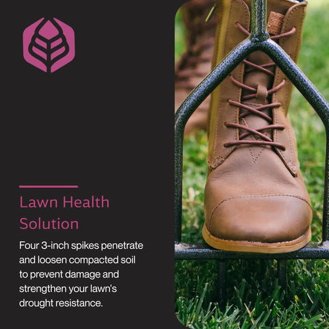 IM7C Spike Grass Aerator For Lawn Health With Long Handle shoe pressing into soil with pro grade powder coated steel tool detail