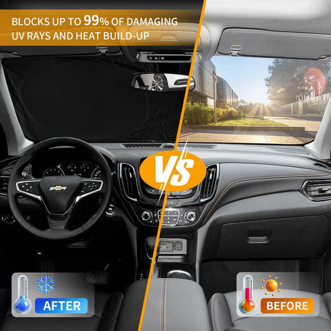 Comparison of a car interior with and without Mercedes-Benz C Class Sun Shade Windshield Cover For W205 W204 CLA CLS CL 2008 To 2024