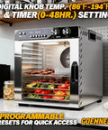 Rock Solid Commercial Food Dehydrator With 12 Stainless Steel Trays showing digital controls and food inside.