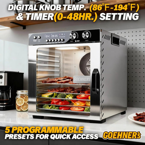 Rock Solid Commercial Food Dehydrator With 12 Stainless Steel Trays showing digital controls and food inside.