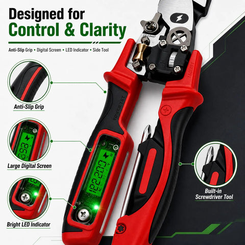 All In One Electrician Pliers With Digital Display And Voltage Tester, Wire Stripper Cutter Crimper Screwdriver, Multi Function Electrical Tool For Home Auto And Workshop Use Green red and black handle with digital screen and built-in screwdriver
