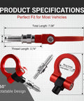 Hella Tough Screw On Front Bumper Tow Hook With Glossy Red Race Design D Ring, showcasing 360° rotatable design and dimensions.