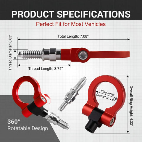 Hella Tough Screw On Front Bumper Tow Hook With Glossy Red Race Design D Ring, showcasing 360° rotatable design and dimensions.