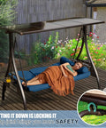 Woman relaxing on Three Seat Outdoor Patio Porch Swing With PVC Adjustable Hardtop 3 In 1 Convertible Chair For Adults Cushioned Seat