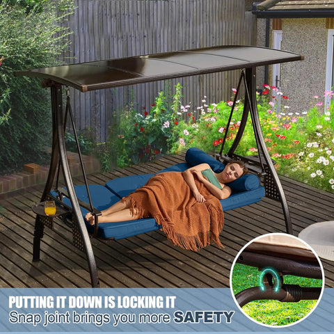 Woman relaxing on Three Seat Outdoor Patio Porch Swing With PVC Adjustable Hardtop 3 In 1 Convertible Chair For Adults Cushioned Seat