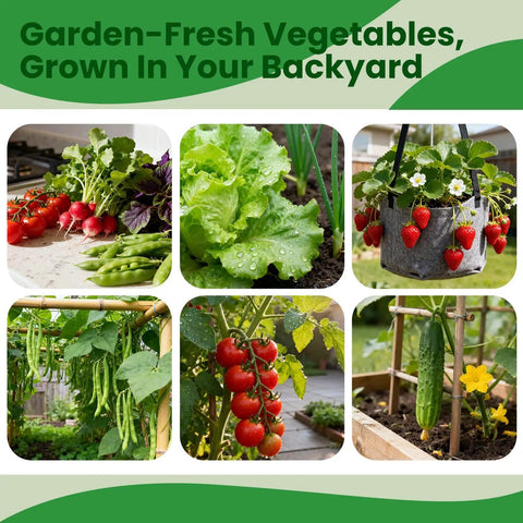 Garden-fresh vegetables and fruits grown using the 45 Variety Vegetable Seed Kit With Over 17,000 Heirloom Seeds For Indoor And Outdoor Gardens Seed Vault Kit For Grow-Your-Own Tomato Cabbage Spinach And More Gift For Mother's Day Women And Friends.
