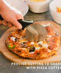 Pizza Cutter Wheel With Durable 304 Stainless Steel Blade And Powder Coated Aluminum Handle slicing pizza on wooden board