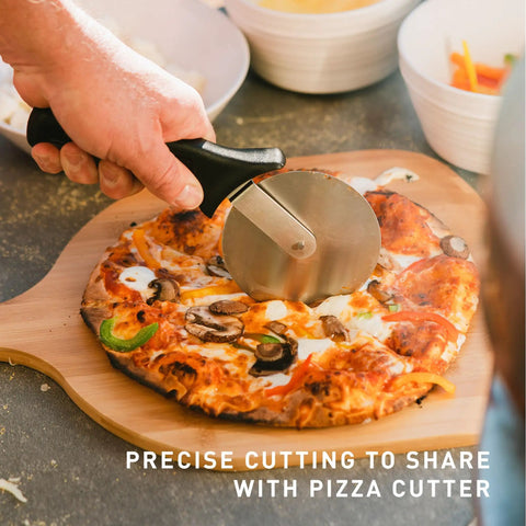 Pizza Cutter Wheel With Durable 304 Stainless Steel Blade And Powder Coated Aluminum Handle slicing pizza on wooden board
