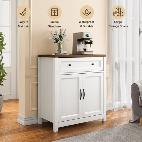 Farmhouse Kitchen Storage Cabinet With Adjustable Shelves And A Big Ol Drawer Barn Door Sideboard Buffet Freestanding 30W X 15.6D X 33.3H against wall with decor and coffee maker