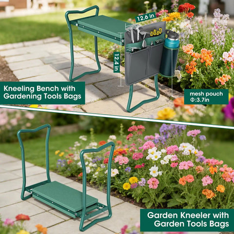 Two In One Garden Kneeler With Umbrella And Portable Stool For Easy Yard Work, Includes Tool Bag And Bottle Holder, 330 Pound Capacity