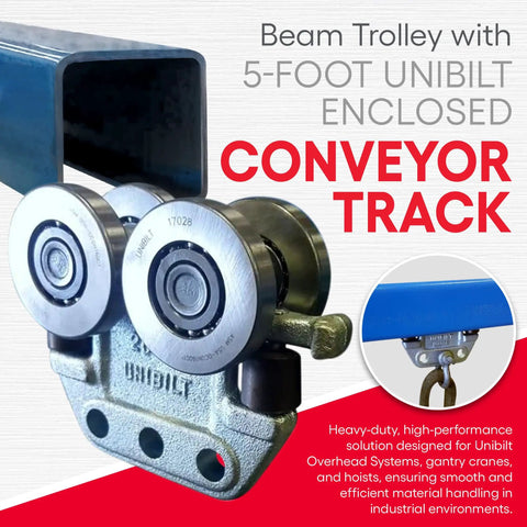 Heavy Duty Beam Trolley System On A 5 Foot Unibilt Enclosed Conveyor Track, 250Lb Per Trolley with adjustable steel rollers