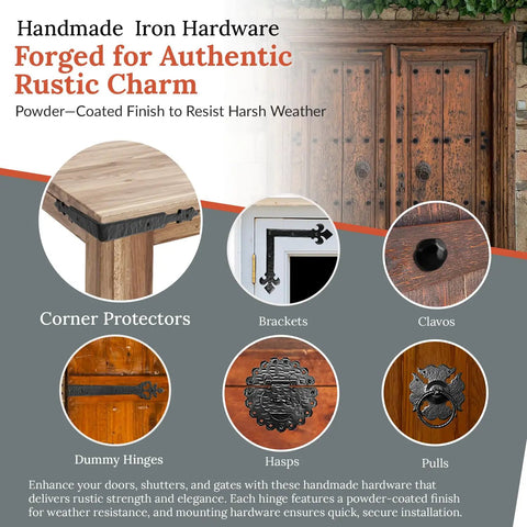 Four Pack 6 Inch Metal Corner Brackets Furniture Reinforcement Hardware Matte Black Rustic Decorative Steel Brace Built Like A Tank For Woodworking Repairs And DIY Fixes showcased on rustic doors and furniture.
