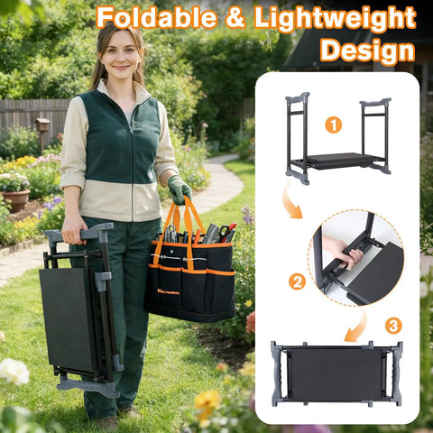 Ultimate Garden Kneeler And Seat With Extra Wide 10 Inch EVA Pad, Heavy Duty Foldable Bench shown held by gardener in garden
