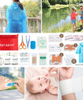 Emergency survival and first aid kit collage with red pouch and assorted medical gear.