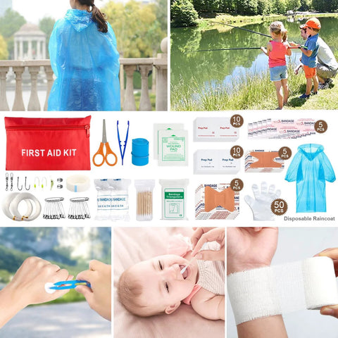 Emergency survival and first aid kit collage with red pouch and assorted medical gear.