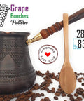 XXL Copper Cezve Coffee Pot With Wooden Handle, Hand Engraved And Hammered Solid Copper Ibrik Briki For Stovetop Turkish Greek Arabic Coffee, 28 Fl Oz Old School Antique Vibe Pro Grade next to spoon and coffee beans