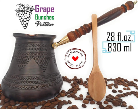 XXL Copper Cezve Coffee Pot With Wooden Handle, Hand Engraved And Hammered Solid Copper Ibrik Briki For Stovetop Turkish Greek Arabic Coffee, 28 Fl Oz Old School Antique Vibe Pro Grade next to spoon and coffee beans